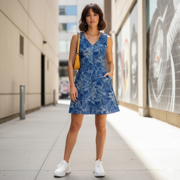 Saks Fifth Avenue Dresses & Skirts - RED Saks Fifth Avenue Blue Tropical Botanical Fit & Flare Dress - V-Neck Mini